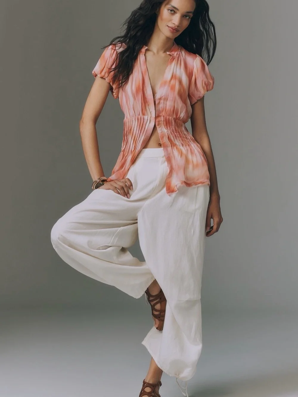 Anthropologie Peach Tie-Dye Ruffled Short-Sleeve Blouse
